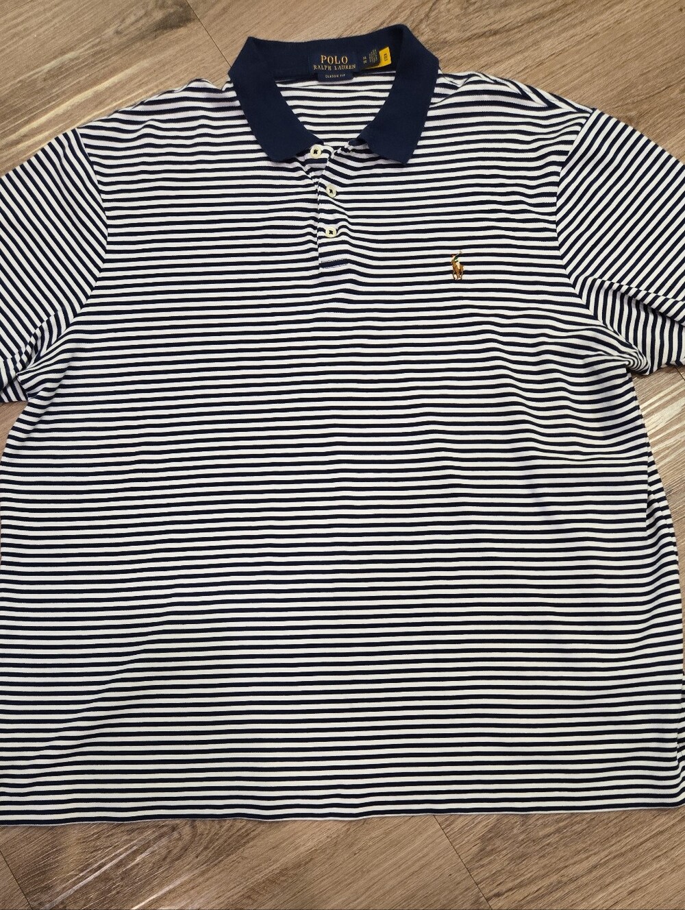 Ralph Lauren Polo Navy & White Striped Polo Shirt with Gold Pony